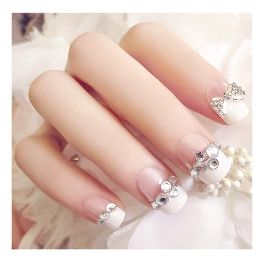 Fstrend 24Pcs False Nails Bling Rhinestone Full Cover Acrylic White Press on Fake Nails for Women and Girls