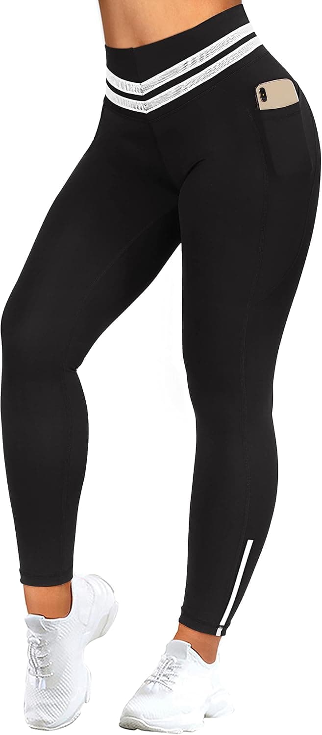 RXRXCOCO Womens Striped High Waisted Leggings with Pocket for Women Scrunch Workout Gym Leggings Yoga Pants Black Small