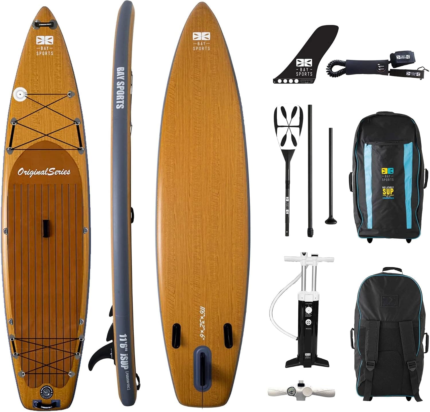 Bay Sports 11'6" Premium Inflatable SUP Board Original Series iSUP - with Fibreglass 3-Piece Adjustable Paddle, Helios Triple Action Pump and 9" 'Click-in' Fin - Designed in Australia