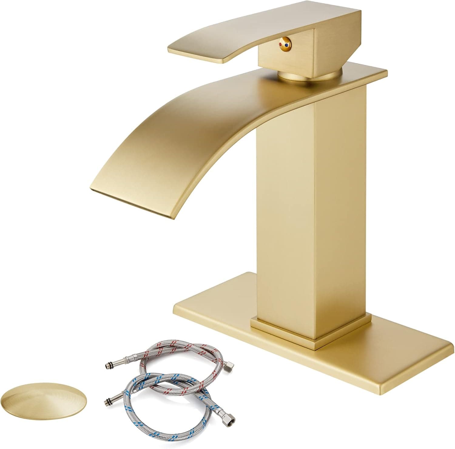 Gotonovo Bathroom Sink Faucet Waterfall Spout Brushed Gold Deck Mount 304 Stainless Steel Bowl Basin One Hole Single Handle Hot and Cold Mixer Tap with Pop Up Drain Deck Plate