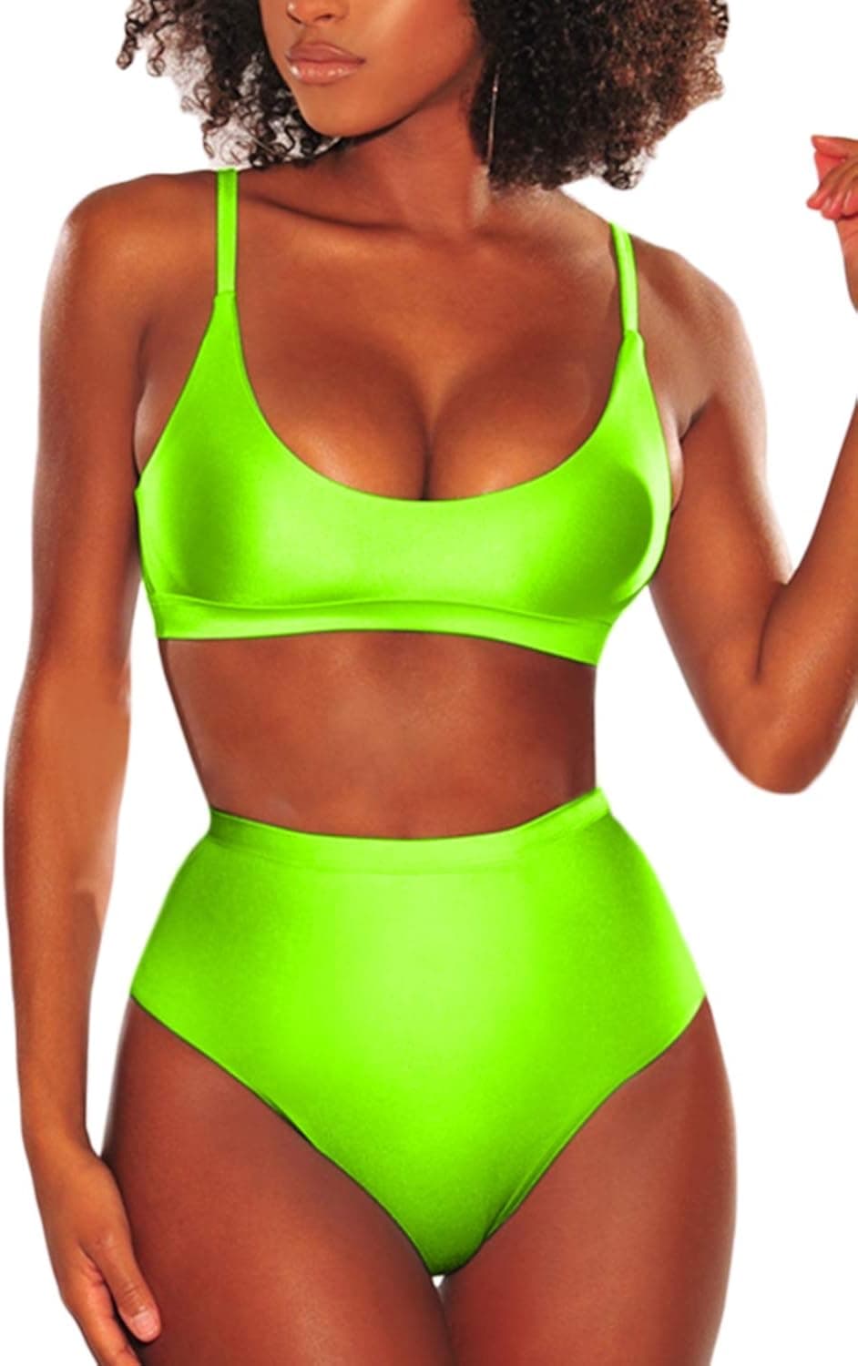 LEISUP Strappy Scoop Neck Bralette Swimsuit High Leg 2PCS Brazilian Sporty Bikini Sets,L Neon Yellow