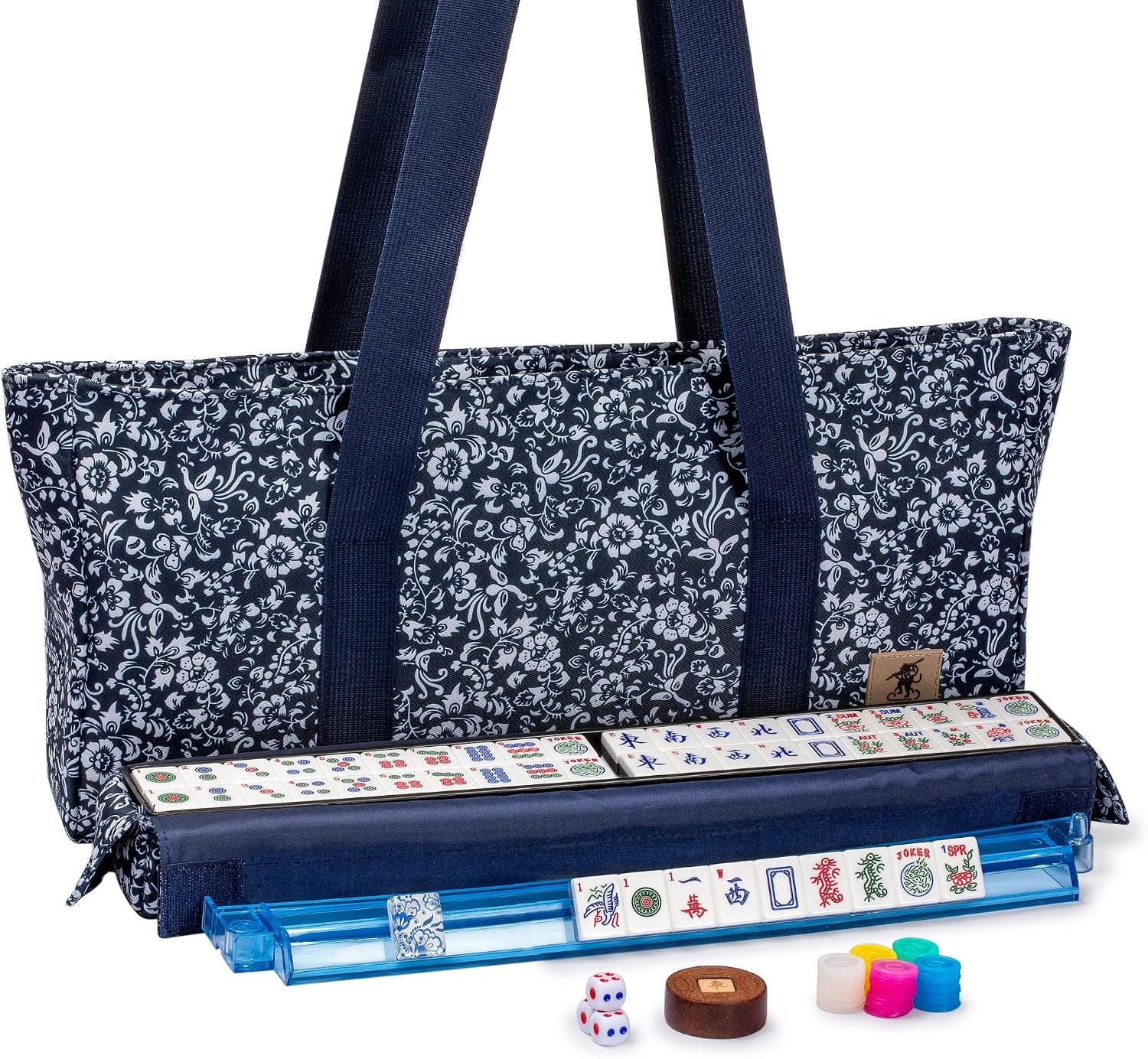 Yellow Mountain Imports American Mahjong Set, Chinoise II with Floral Blue Soft Case - All-in-One Racks with Pushers, Wright Patterson Betting Coins, Dice, & Wind Indicator