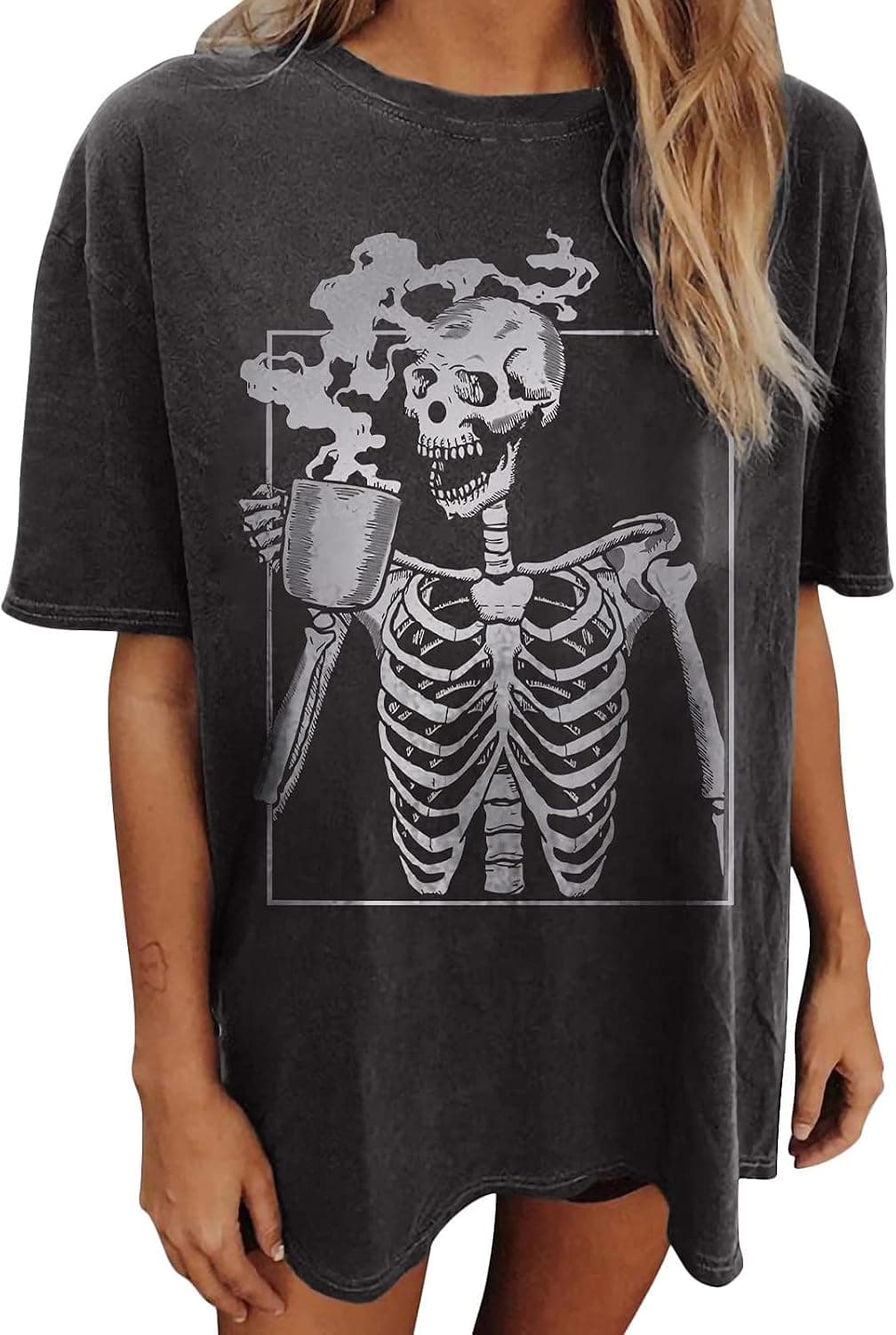 GLIGLITTR Women's Vintage Moon Skull Graphic T Shirt Retro Bleached Skeleton Loose Tees Short Sleeve Oversized Casual Tops