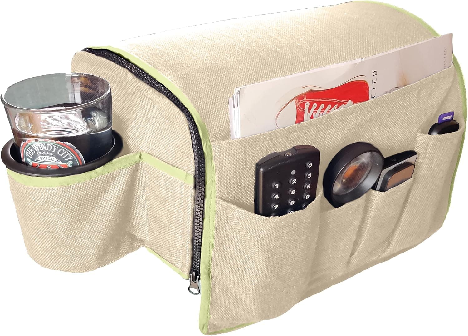 CupComfort Couch Caddy Remote Control Holder - Armchair Caddy Armrest Organizer Recliner Cup Holder Non Slip Arm Chair Couch Cup Holder 6 Storage Pockets wt Drink Caddie (Champagne, 8 Inches)