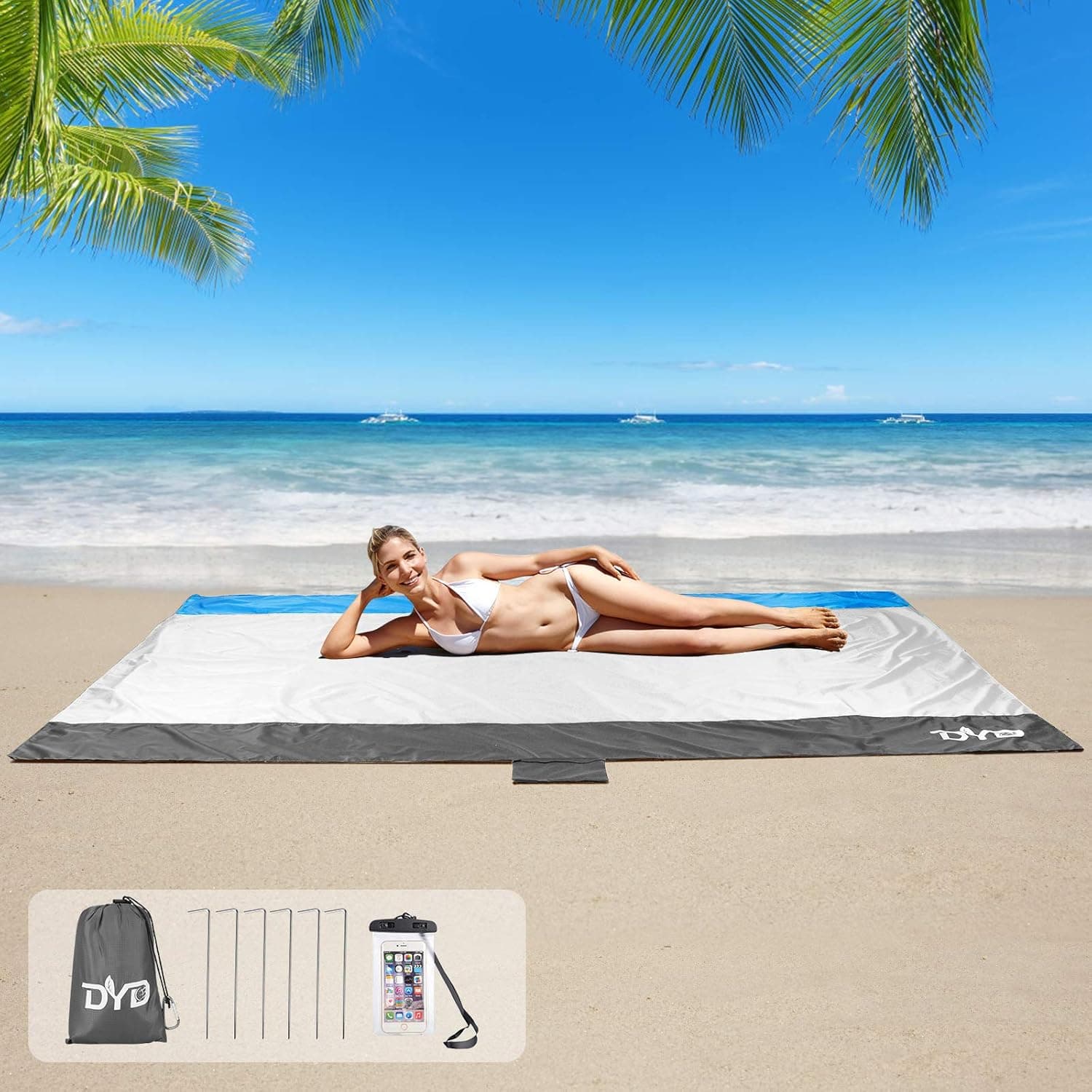 DYD Beach Blanket Waterproof Sandproof Oversized Beach Mat 7' x 9' for 6 Adults, Sand Free Extra Large Compact Outdoor Blanket for Picnic, Travel, Camping, and Hiking (Grey)