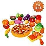 Lumiparty Pretend Play Food (24Pcs), Cutting Food for Kids, Kitchen Toys, Fun Cutting Fruits & Vegetable Toys, Cutting Board Play Set,Early Educational Development for Girls& Boys