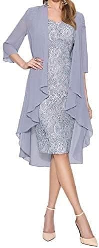 Women's Two Pieces Lace Dress Elegant Formal Mother of The Bride Dresses with Chiffon Jacket Short Wedding Guest Dress