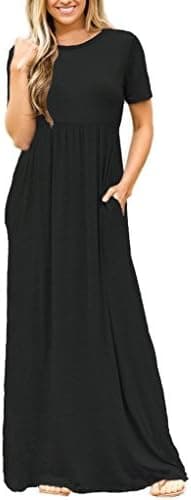 ROSKIKI Women's High Waist Pleated Pockets Short Sleeve Long Shirt Maxi Dress