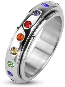 Jinique STR-0011 Stainless Steel Mirror Polished Spinner Ring with Rainbow Color Crystals; Comes Box