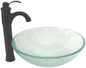 New Clear Cracked Style Bathroom Tempered Glass Vessel Sink, 14" Tall Oil Rubbed Bronze Finish Faucet & Drain Combo Set