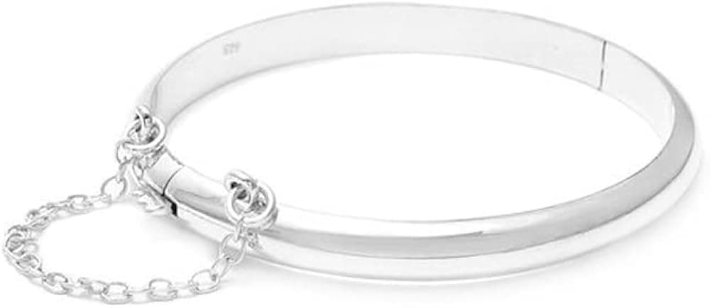 Savlano 14K Gold Plated Over 925 Sterling Silver Solid Plain Dome Bangle Bracelet 7 inch with Safety Chain for Women Comes With Gift Box- Made in Italy