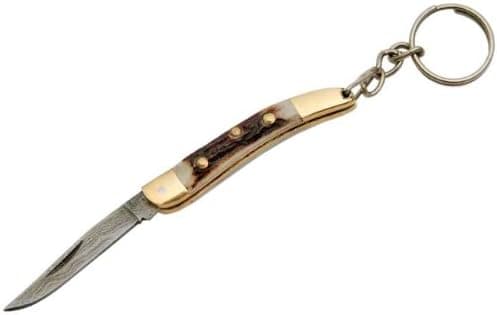 Damascus 4.25-Inch Toothpick Keychain Knife with Natural Sambar Stag Antler Handle