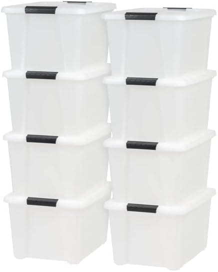 32 Qt. Plastic Storage Bin Tote Organizing Container with Durable Lid and Secure Latching Buckles, Stackable and Nestable, 8 Pack, Pearl with Black Buckle