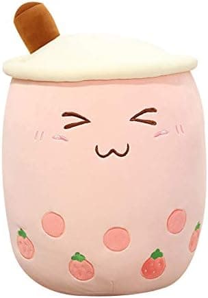 FOKKS Boba Plush Stuffed Toy Pink Strawberry Bubble Tea Boba Pearl Milk Tea Plush Toys Figure Living Room Sofa Bedroom Hug Pillow Young Girl and Child Birthday Gift