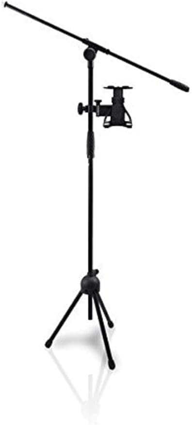 Pyle 2-in-1 Microphone and Tablet Stand - Adjustable Telescopic Column, 4.7” to 8.7” Tall, Powder Coated Black Finish, Universal Microphone Stand with Tablet Holder - Pyle PMKSPAD5