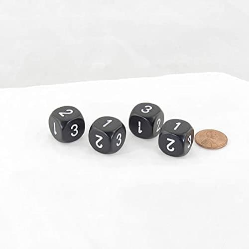 Black Opaque Dice with White Numbers D3 (D6 1-3 Twice) 16mm (5/8in) Pack of 4 Wondertrail