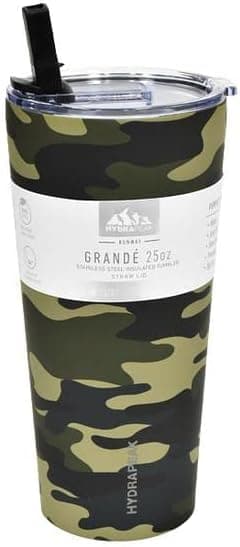 Hydrapeak Grande Insulated Stainless Steel Tumbler with Lid and Straw - 25 oz Thermal Metal Cup For Wine, Coffee, Iced Water and More - Double Wall, Reusable Ideal for Travel (Camo)