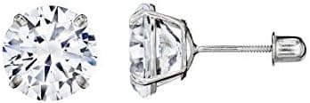 14kt Solid White Gold Superbright Clear Cz Basket Setting Round Screwback Stud Earrings