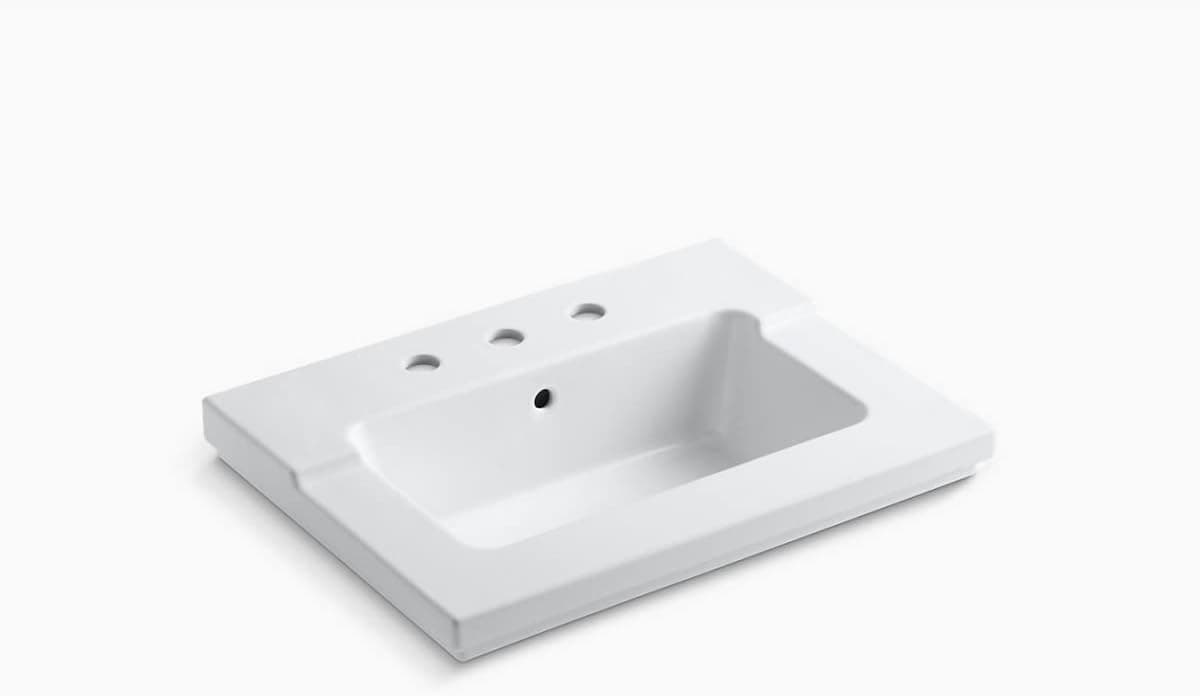 KOHLER K-2979-8-0 Tresham One-Piece Surface and Integrated Bathroom Sink with 8-Inch Widespread Faucet Drilling, White