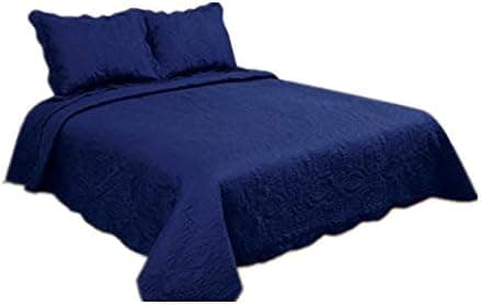 ALL FOR YOU 3-Piece Reversible Bedspread/Coverlet / Quilt Set with Embroideries (Navy, King)