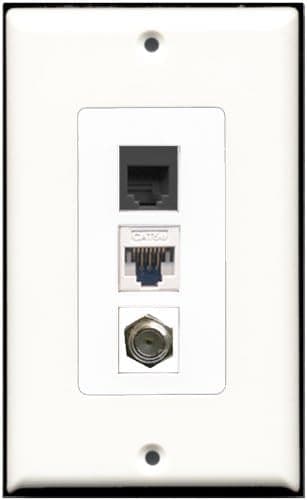 RiteAV - 1 Port Coax Cable TV- F-Type 1 Phone RJ11 RJ12 Black 1 Cat5e Ethernet White Decorative Wall Plate