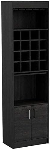 Tuhome Kava 71-inch Tall Bar Cabinet with 16 Wine Cubbies, Shelf, Concealable Serving Tray, and Double Door, Carbon Espresso