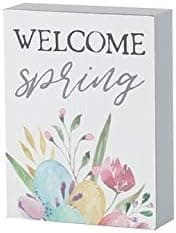 'Welcome Spring' Mini Floral Wood Easter Block Sign for Desk or Tabletop Home Decor