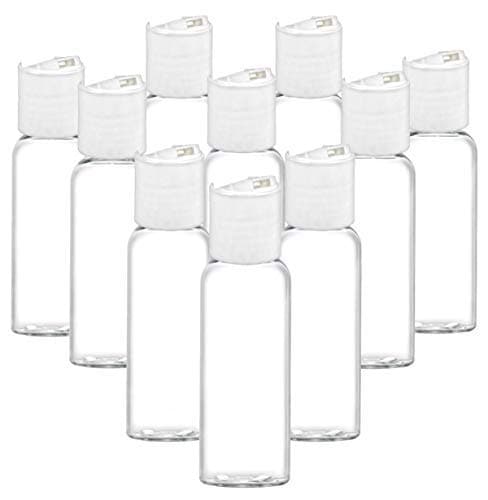 Empty Travel Size, 1 Oz 30ml, Plastic Squeeze Bottles w/ Flip Up White Disc Dispensing Caps, Purse, Pocket Desktop Kids for Sanitizer, Hand Cleaning Gel, Soaps Lotion, Shampoo purse pocket by Grand Parfums (10 Bottles)