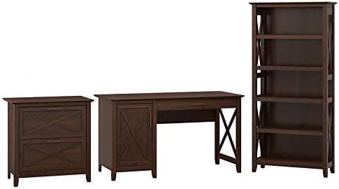 Bush Furniture Key West 54W Computer Desk with Storage, 2 Drawer Lateral File Cabinet and 5 Shelf Bookcase in Bing Cherry