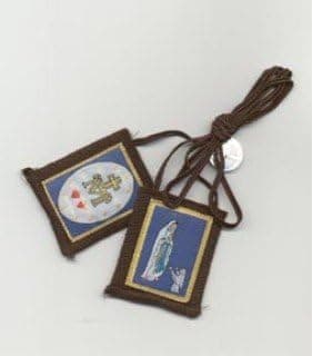 Brown Scapular - Our Lady of Lourdes on Blue Background