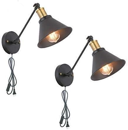 HOXIYA Plug in Wall Sconces Swing Arm Wall Lamp Fixture Adjustable Arm Wall Mount Light is Black Metal Edison Sconces for Bedroom Living Room Kitchen Dining Room (Set of 2)