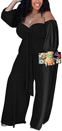 LAMRONS Women's Casual Long Sleeves Shoulder Plus Size Jumpsuits Solid Color Wide Leg Pants