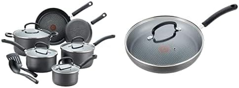 T-fal E765SC Ultimate Hard Anodized Nonstick 12 Piece Cookware Set, Dishwasher Safe Pots and Pans Set, Black AND Ultimate Hard Anodized Nonstick Pan with Lid, Dishwasher Safe Frying Pan, Black