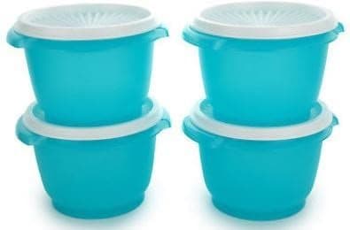 Tupperware Servalier Set of 4 Aqua Blue Bowls with White Liquid & Airtight Seals - 20 oz. Storage Containers