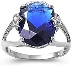 THE ICE EMPIRE JEWELRY, LLC Large Sterling Silver Simulated Blue Sapphire Oval & Clear CZ Ring