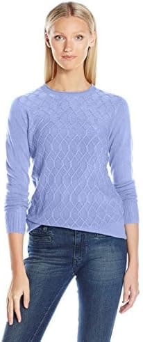 Sag Harbor Women's Long Sleeve Crew Neck Cable Front Pullover
