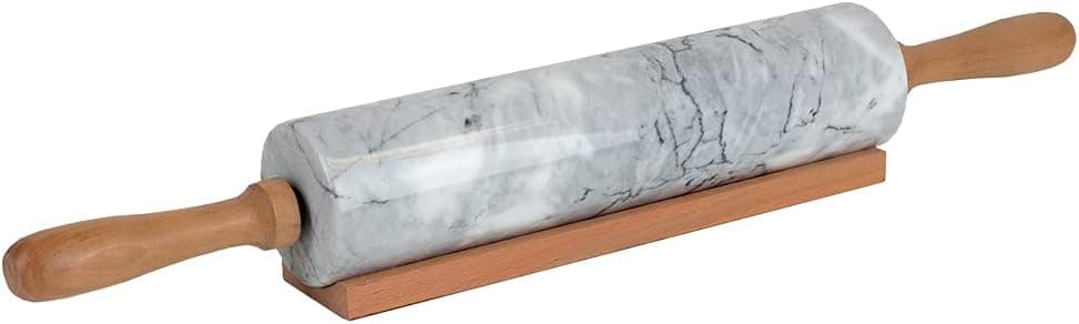 Home Basics White CRA Marble Stone Rolling Pin with Easy Grip Wood Handles and Wooden Cradle Display Stand – Heavy & Solid for Baking Bakery Donuts Cookie