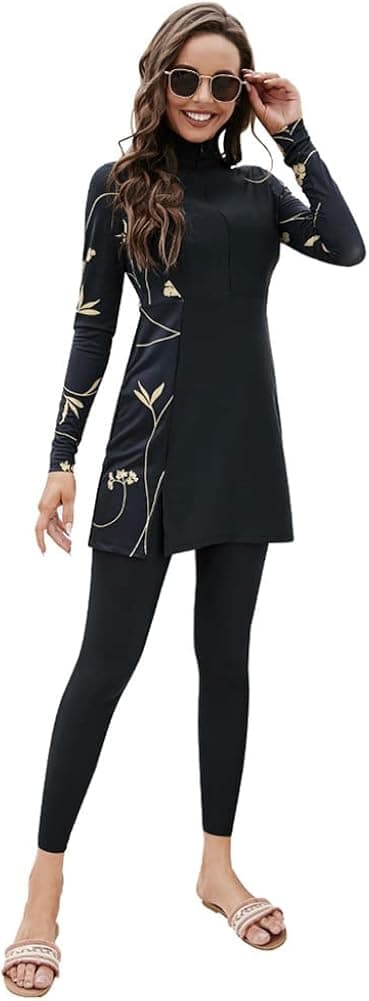 IMEKIS Women Muslim Swimsuits Modest Burkini Swimwear Islamic Long Sleeve Full Cover Swim Top Leggings Pants ​Bathing Suits