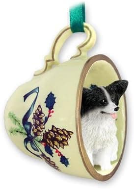 NEW! Black & White Papillon Christmas Ornament Cup of Tea