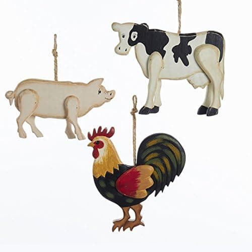 Kurt Adler 1 Set 3 Assorted Carving Rooster, Pig And Cow Wood Christmas Ornaments