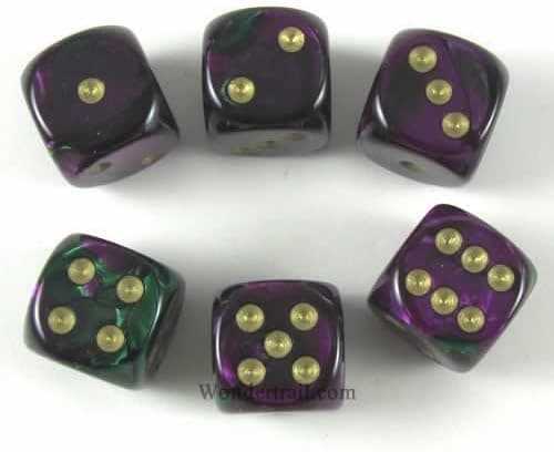 Green Purple Gemini with Gold Pips 16mm D6 Dice Set of 6 Packaged in Tubes or Blister Wondertrail WCX26634E6
