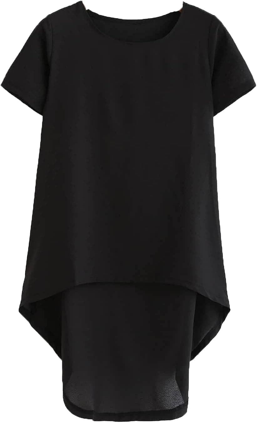 Floerns Women's Contrast Pleated Short Sleeve Round Neck High Low Blouse Tops Dark Black XL