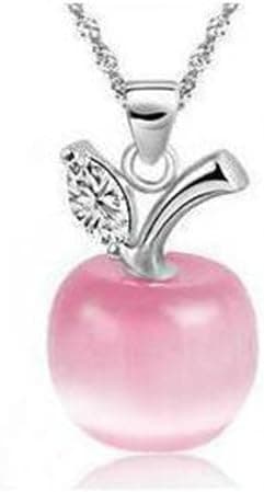 Apple Faux Crystal Rhinestone 925 Silver Plated Pendant Necklace (Pink Color) JA5012