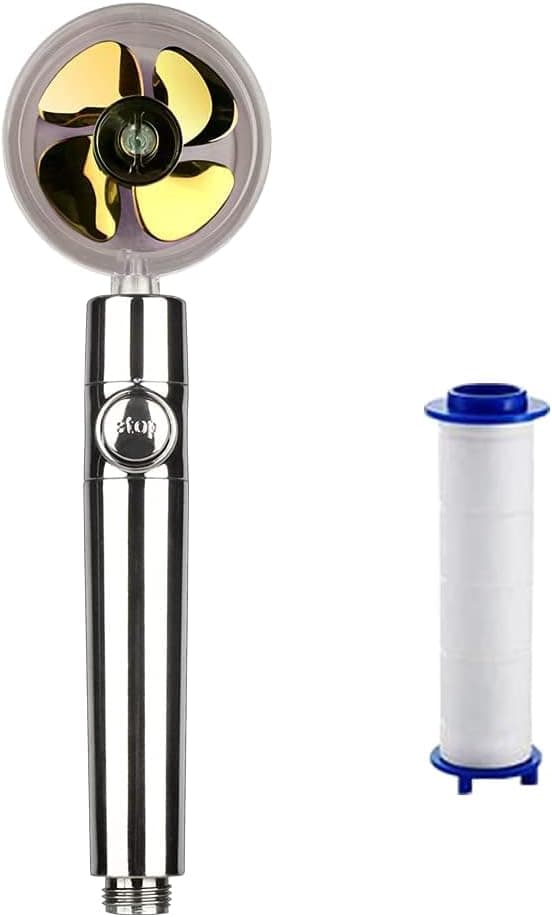 High Pressure Propeller Driven Handheld Shower Head, 360 Degrees Rotating Water Saving Shower Head with Filter & Stop Button, Turbocharged Kit for Bath Showerhead (Gold)