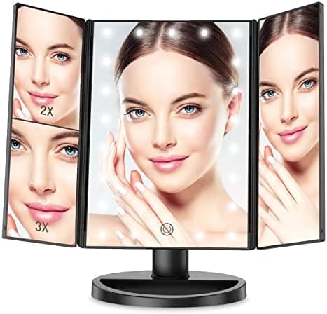 YOUSIMP Trifold Lighted Makeup Mirror with Lights - 21Pcs Adjustable LED Lights, 2X 3X Magnification, 180 Degree Rotation, Dual Power Supply(Black)