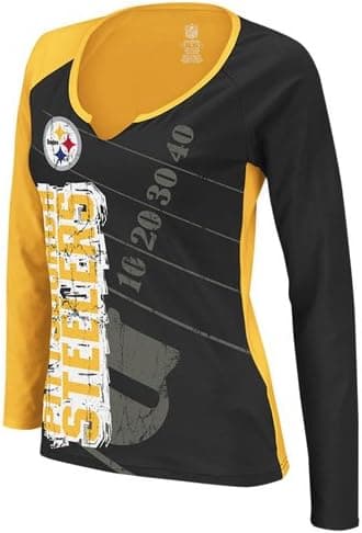 Reebok Pittsburgh Steelers Ladies Two-Toned Split Neck Premium Long Sleeve T-Shirt - Black-Gold (Small)