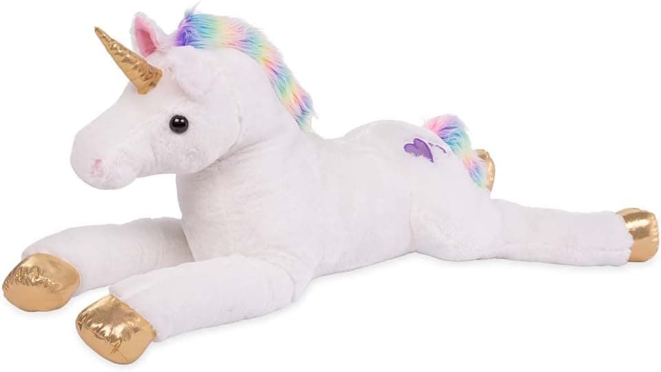 HearthSong Razzle The 40" L Jumbo Plush Unicorn with Embroidered Hearts, and Rainbow Tail and Mane