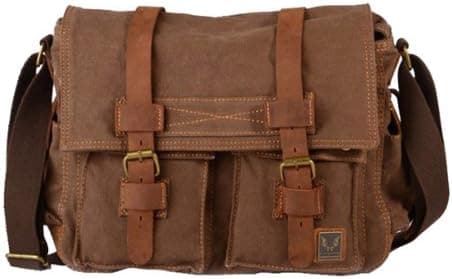 Men's Vintage Canvas Leather School Military Shoulder Bag Messenger Bag (Coffee)