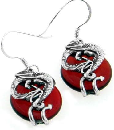 Sterling Silver Coiled Dragon on Bright Scarlet Blood Red Glass Hook Earrings