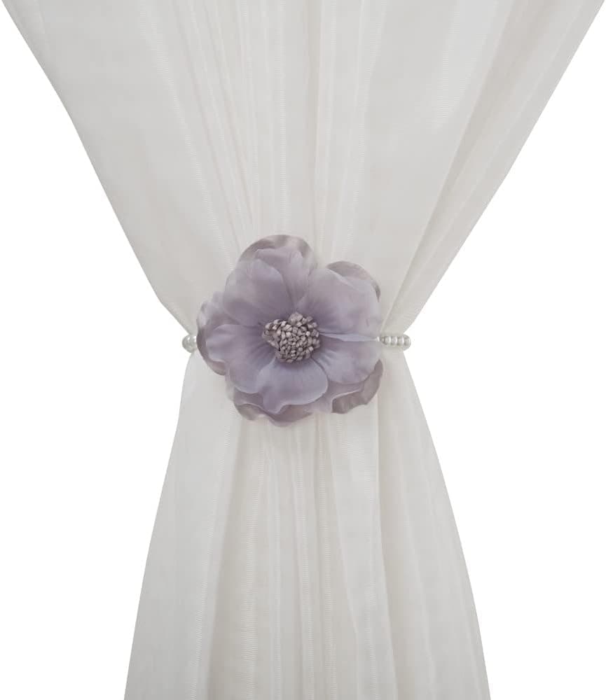 SUQ I OME 1 Pair of Elegant Pearl Beaded Flower Magnetic Curtain Tieback with Handmade Flower Decorative Drapery Holdbacks Rope Holder for Home, Office,Gray